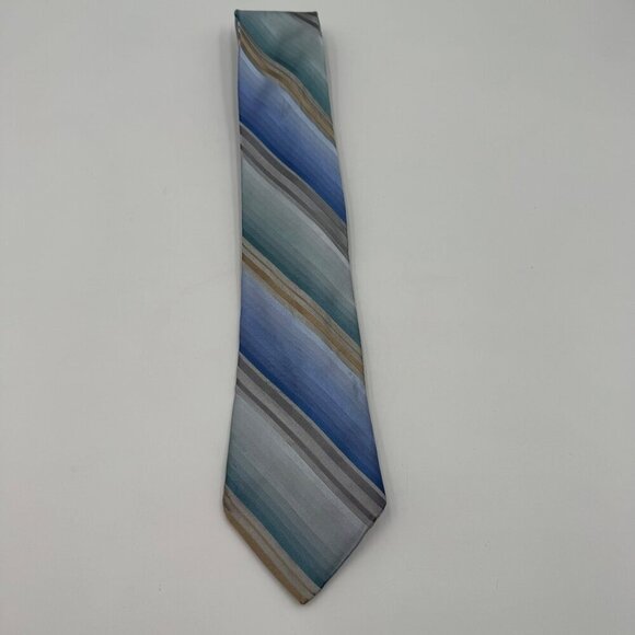 Perry Ellis Portfolio 100% Silk Striped Tie In Blue & Tan Tones - Professional - Picture 1 of 5